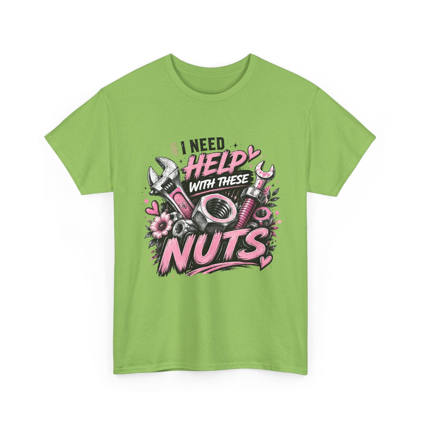 I Need Help With These Nuts T-Shirt | Mechanic Tools Graphic Tee, Pink Wrench Design