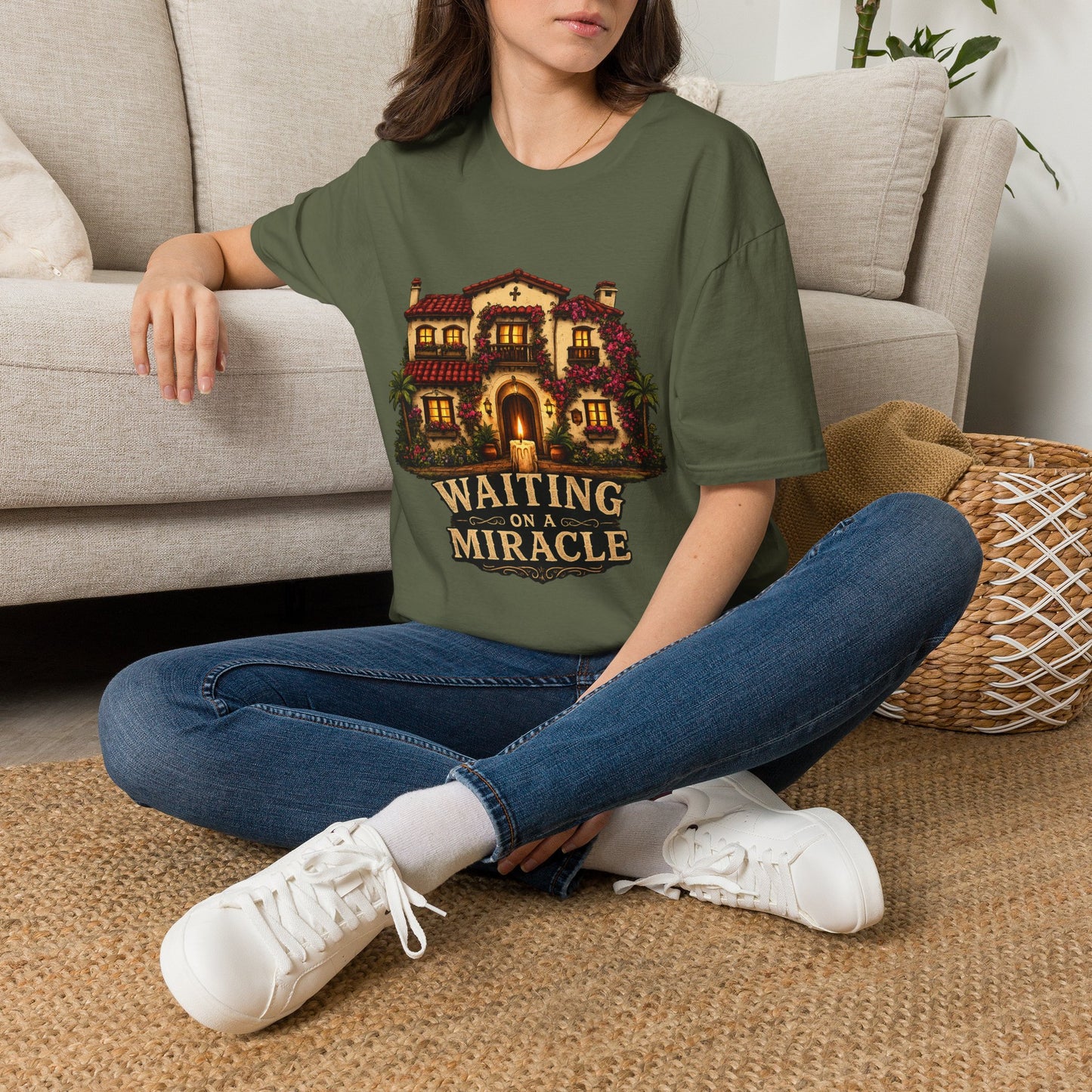 Waiting on a Miracle Spanish Villa T-Shirt | Mediterranean House Illustration
