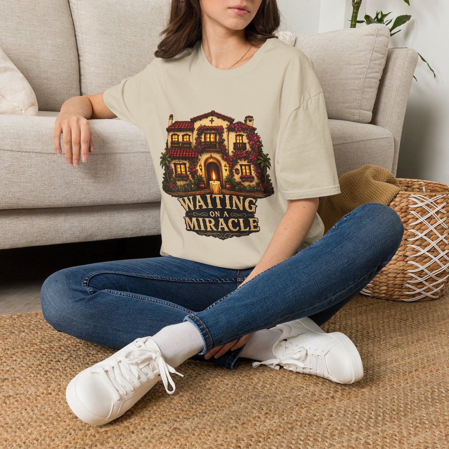 Waiting on a Miracle Spanish Villa T-Shirt | Mediterranean House Illustration