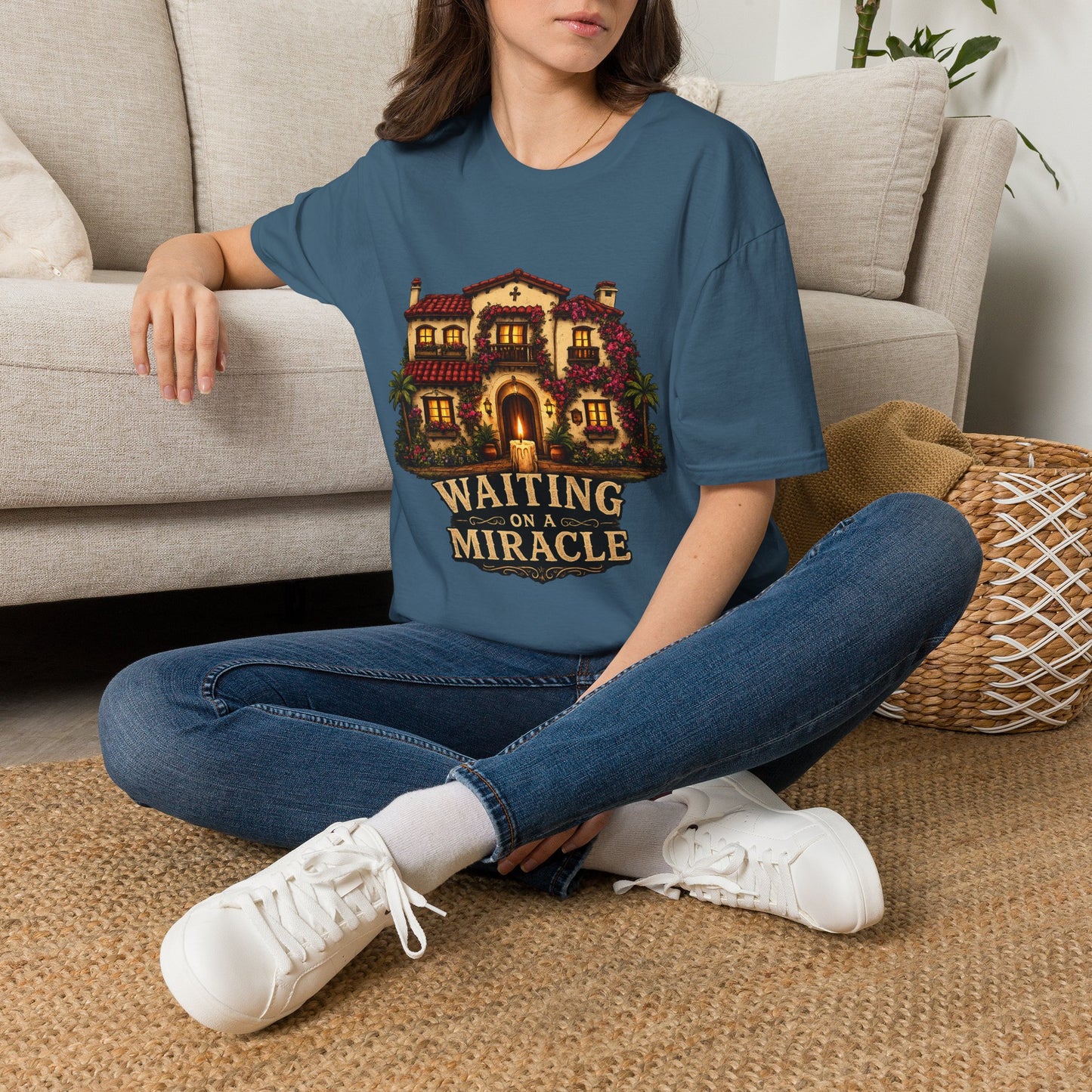 Waiting on a Miracle Spanish Villa T-Shirt | Mediterranean House Illustration