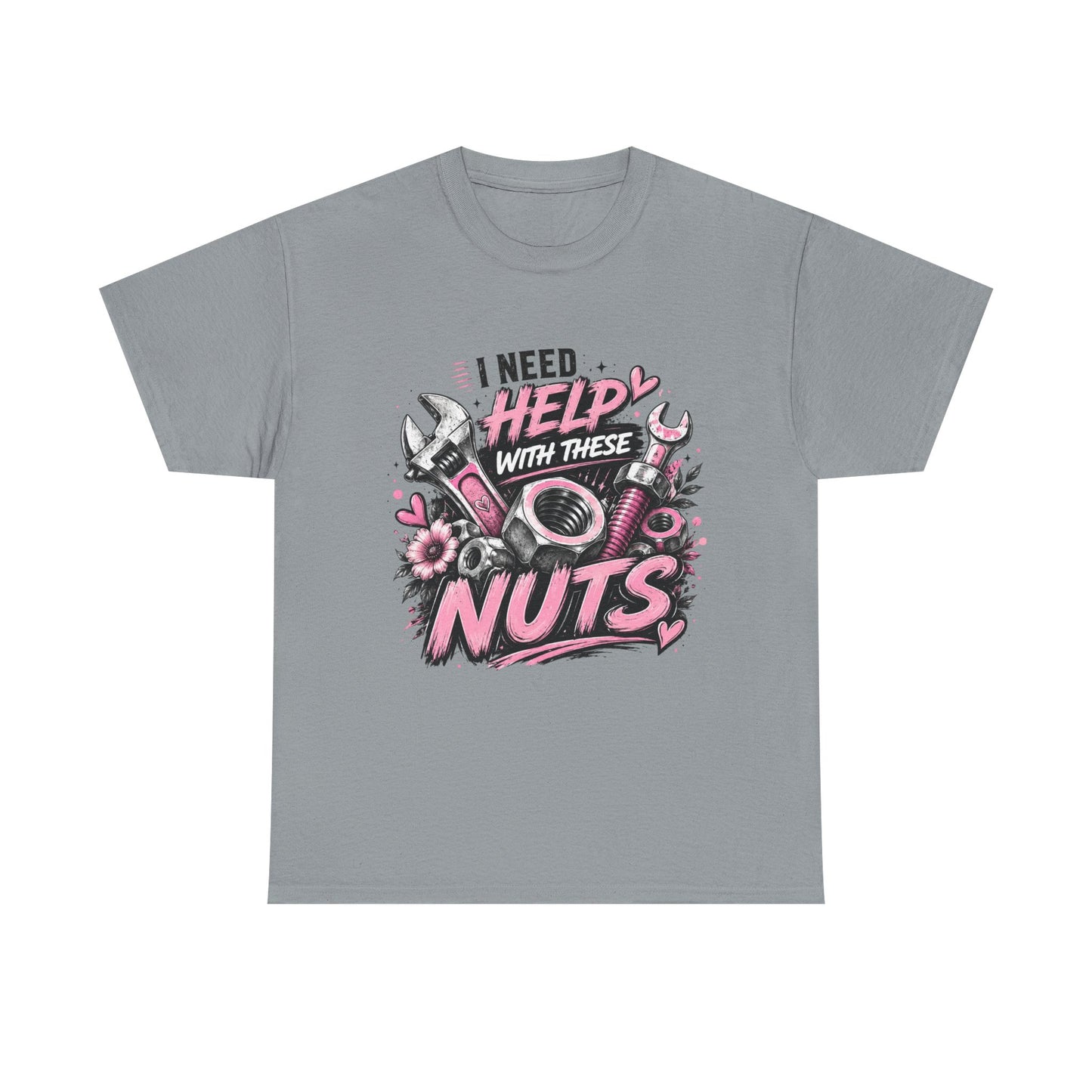 I Need Help With These Nuts T-Shirt | Mechanic Tools Graphic Tee, Pink Wrench Design