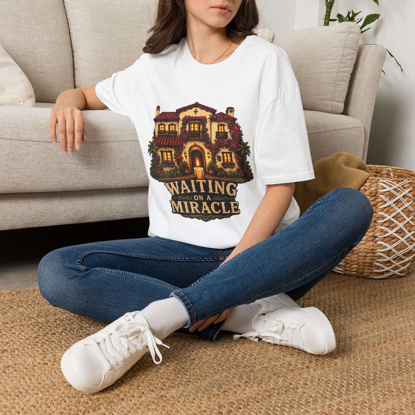 Waiting on a Miracle Spanish Villa T-Shirt | Mediterranean House Illustration