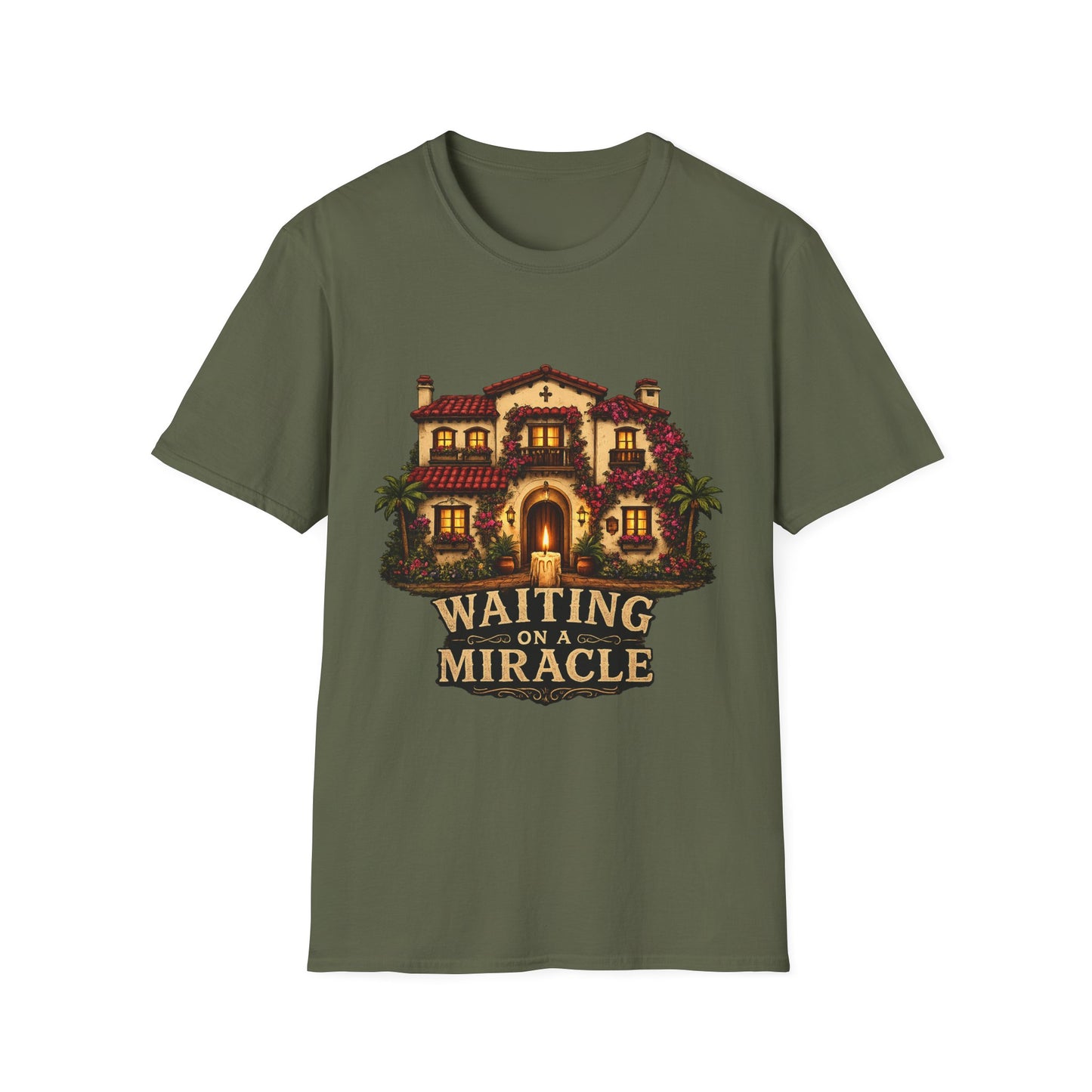 Waiting on a Miracle Spanish Villa T-Shirt | Mediterranean House Illustration