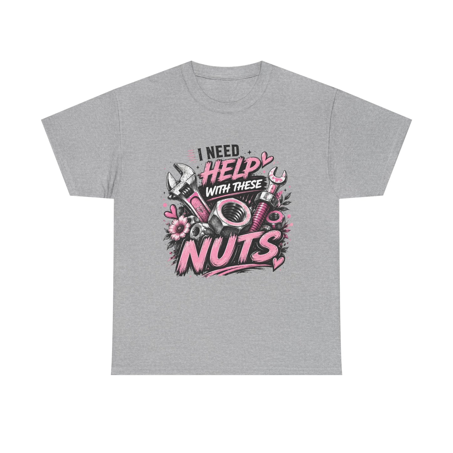 I Need Help With These Nuts T-Shirt | Mechanic Tools Graphic Tee, Pink Wrench Design