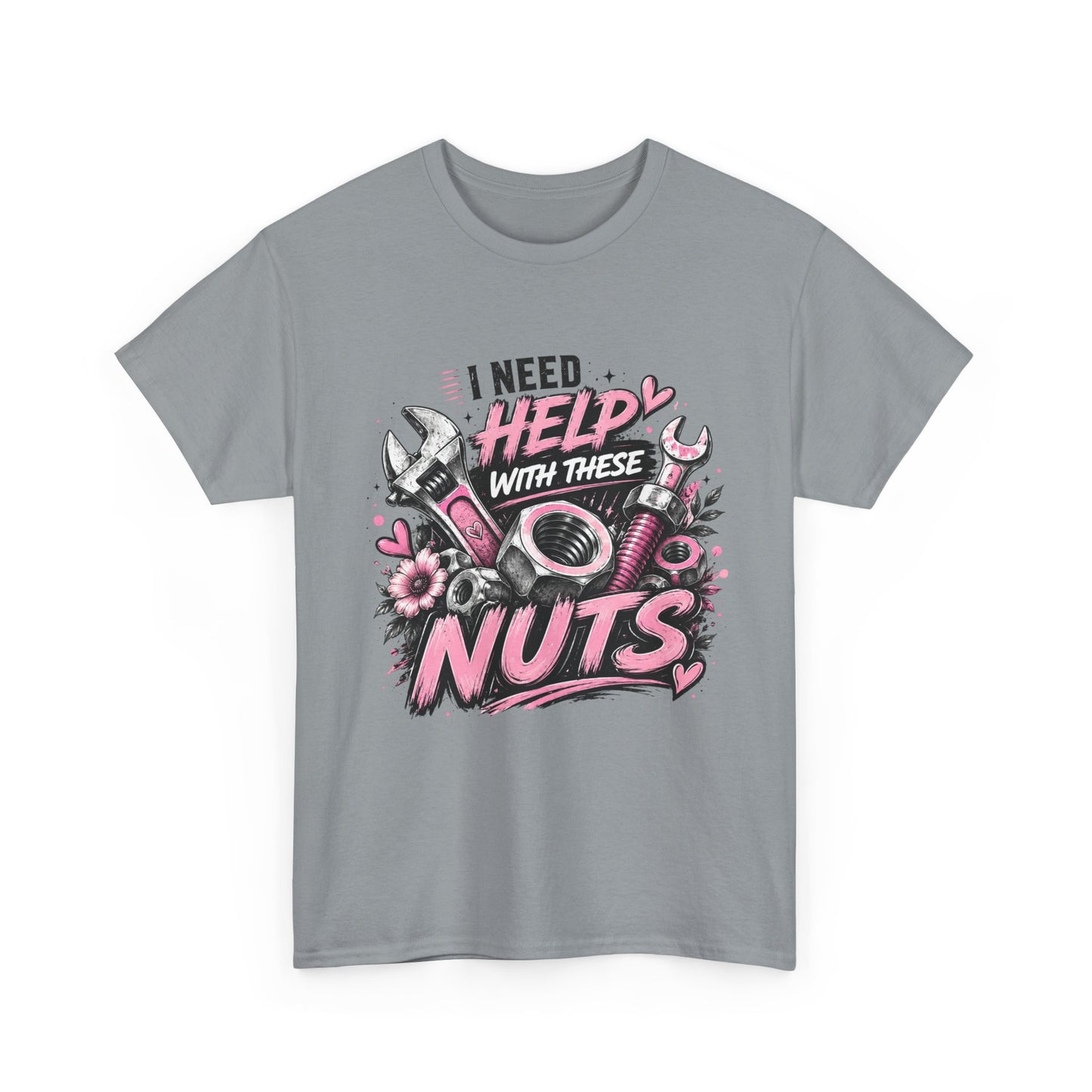 I Need Help With These Nuts T-Shirt | Mechanic Tools Graphic Tee, Pink Wrench Design