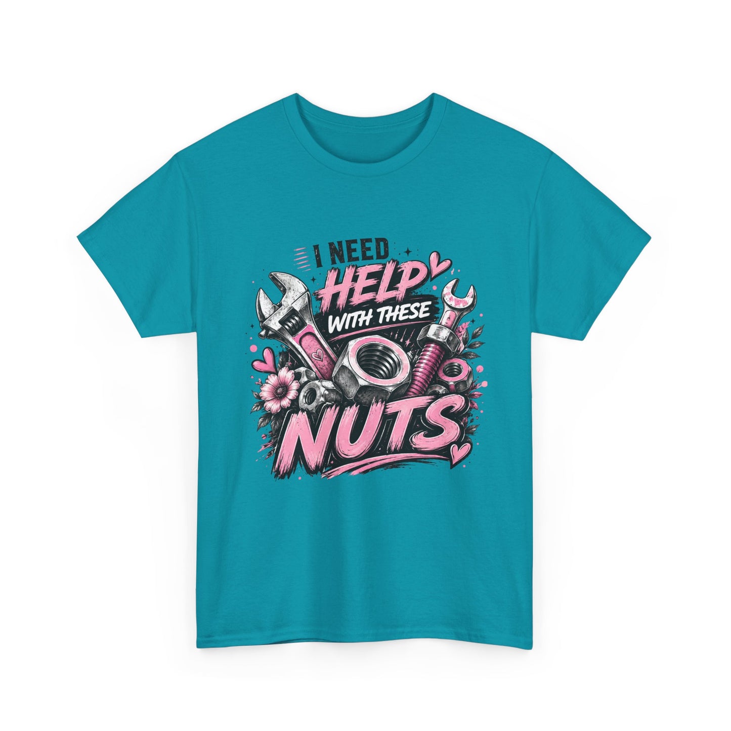 I Need Help With These Nuts T-Shirt | Mechanic Tools Graphic Tee, Pink Wrench Design