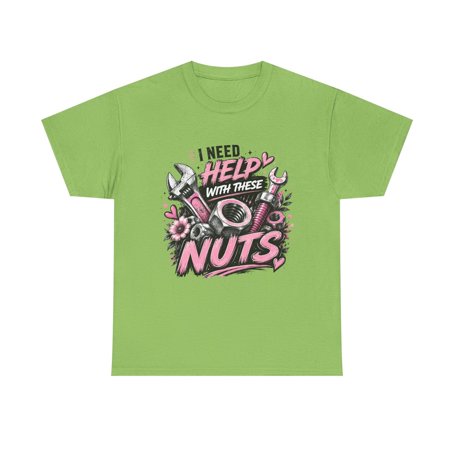 I Need Help With These Nuts T-Shirt | Mechanic Tools Graphic Tee, Pink Wrench Design