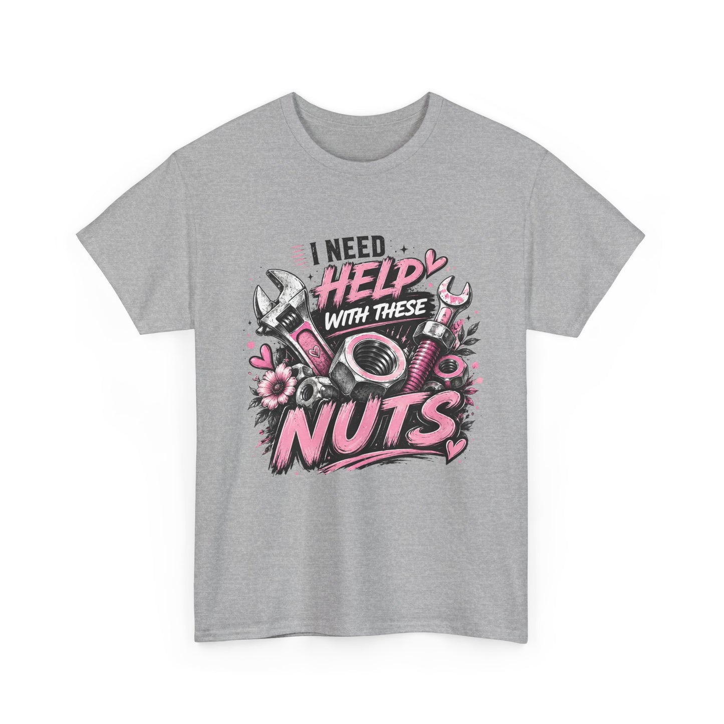 I Need Help With These Nuts T-Shirt | Mechanic Tools Graphic Tee, Pink Wrench Design