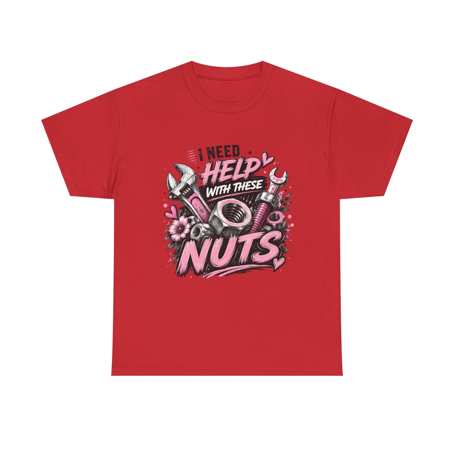 I Need Help With These Nuts T-Shirt | Mechanic Tools Graphic Tee, Pink Wrench Design